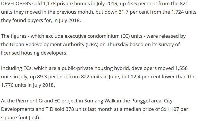 1,556 private homes including EC units sold in July, up 89% from June URA